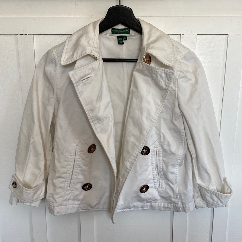 Vintage Ralph Lauren Classic White Sailor 100% Cotton Pea Coat Jacket Small